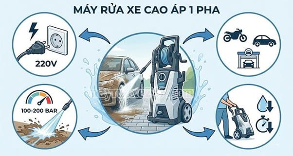 Máy rửa xe cao áp 1 pha sở hữu nhiều ưu điểm nổi trội Máy rửa xe cao áp 1 pha sở hữu nhiều ưu điểm nổi trội